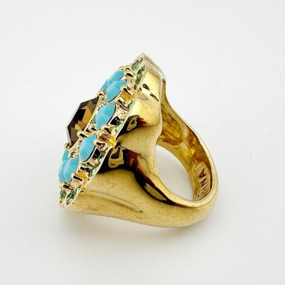 Vintage Boho Floral Statement Ring Turquoise & Green Stone Costume Jewelry - Picture 3 of 7